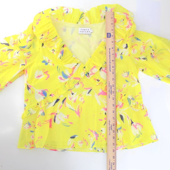 Tanya Taylor Lourdes Floral Cotton Blouse Yellow Ruffle V Neck Balloon Sleeve 4 - Picture 11 of 14